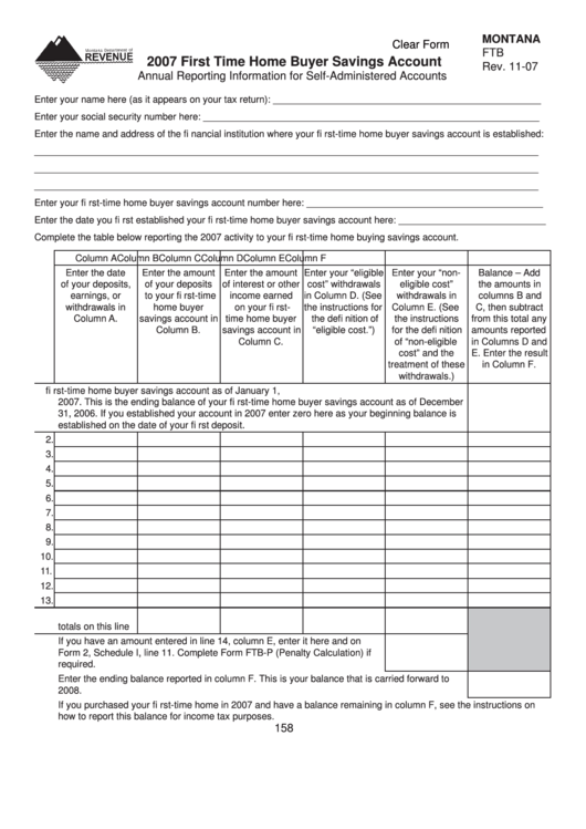 Montana Form Ftb - First Time Home Buyer Savings Account - 2007 Printable pdf