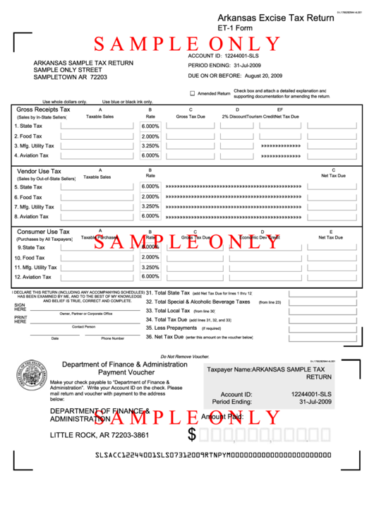 Fillable Form Et-1 Sample - Arkansas Excise Tax Return Printable pdf