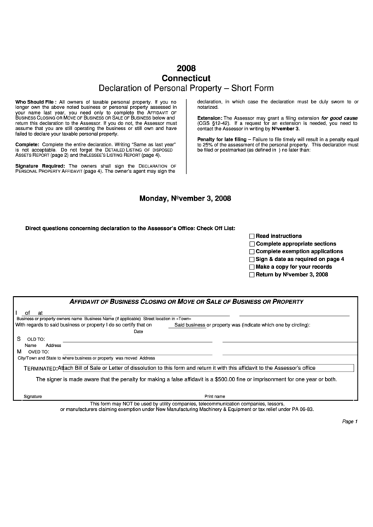 Declaration Of Personal Property - Short Form - Connecticut - 2008