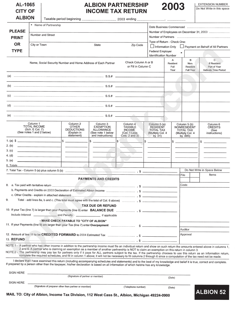 Form Al-1065 - Albion Partnership Income Tax Return - 2003