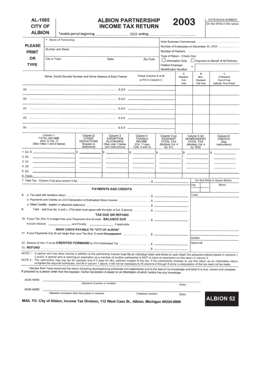 Form Al-1065 - Albion Partnership Income Tax Return - 2003 Printable pdf