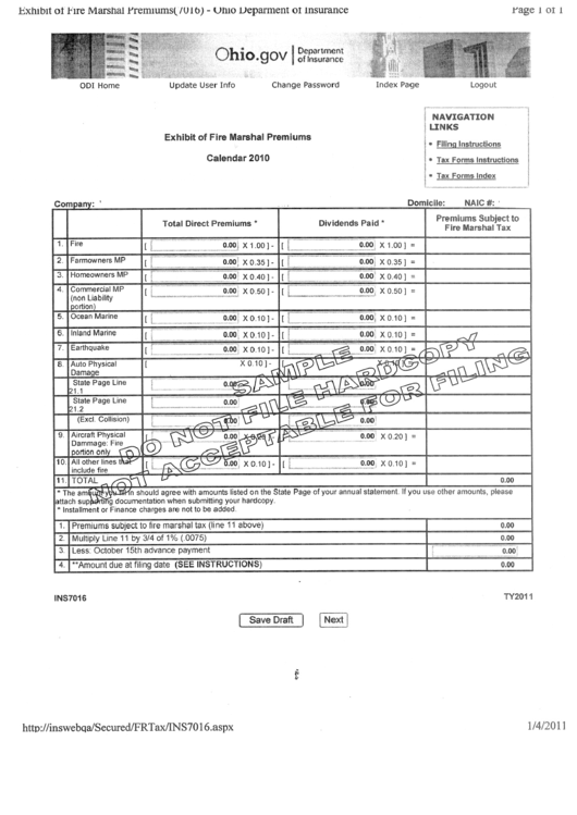 Form Ins7016 Draft - Exhibit Of Fire Marshal Premiums - Ohio Department Of Insurance - 2010 Printable pdf