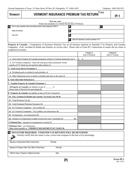 Fillable Form Ip-1 - Vermont Insurance Premium Tax Return Printable pdf