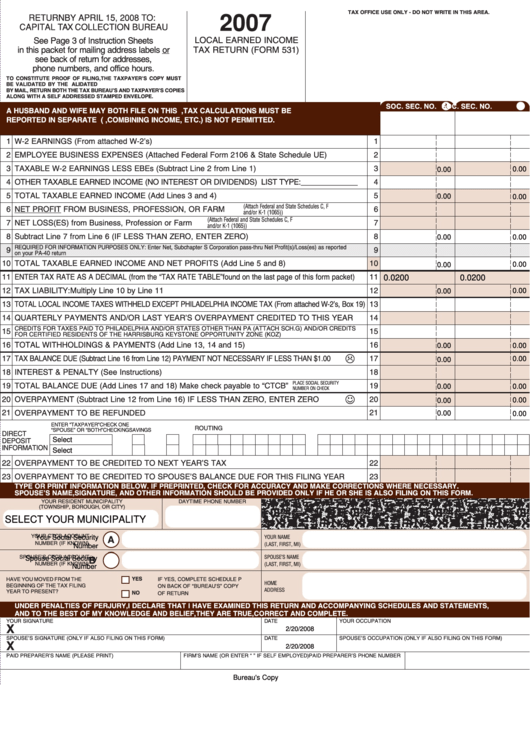 Fillable Form 531 - Local Earned Income Tax Return - 2007 Printable pdf