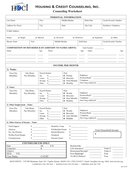 Counseling Worksheet Printable pdf