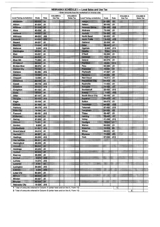 Schedule I - Local Sales And Use Tax - State Of Nebraska Printable pdf