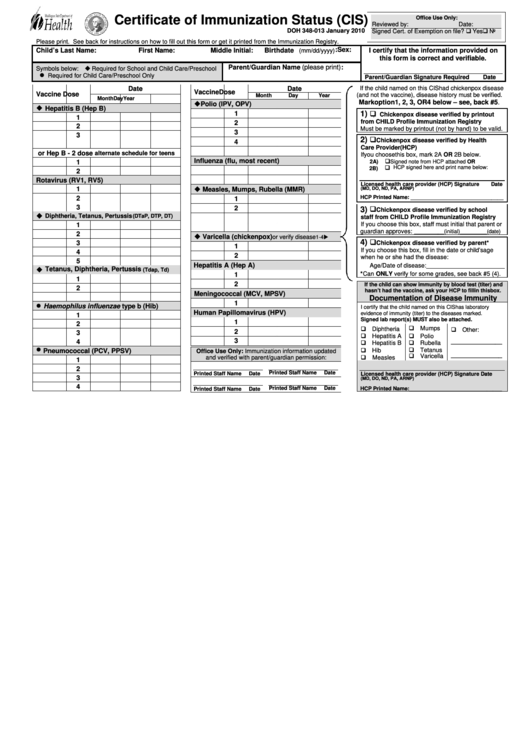 Fillable Form Doh 348-013 - Certificate Of Immunization Status (Cis) - Washington Printable pdf