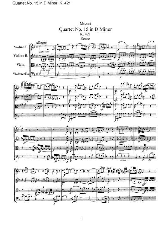 Mozart - Quartet No. 15 In D Minor, K. 421 - Sheet Music Printable pdf