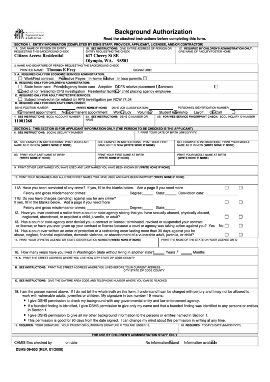 Form Dshs 09-653 - Background Authorization Printable pdf