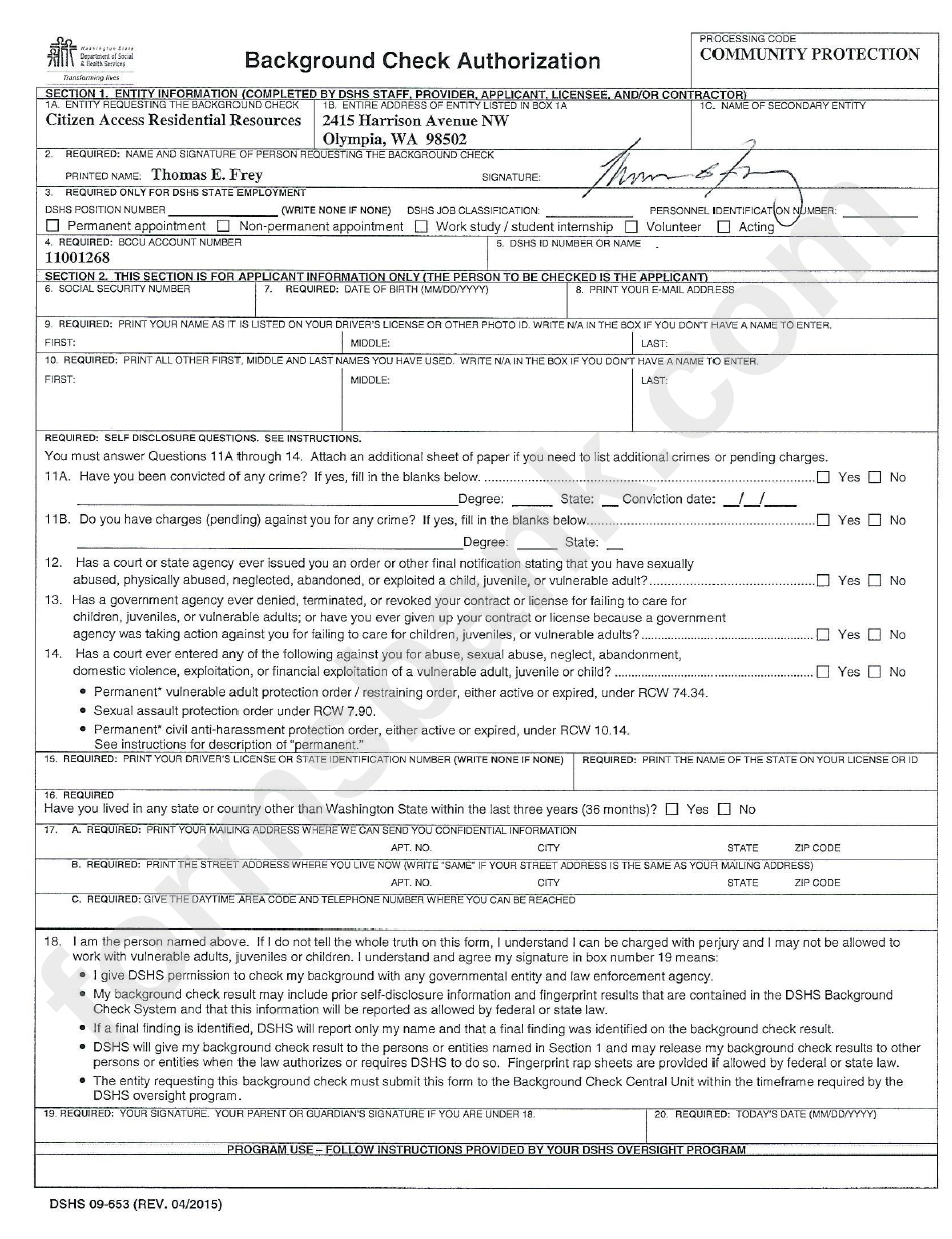 Form Dshs 09-553 - Background Check Authorization