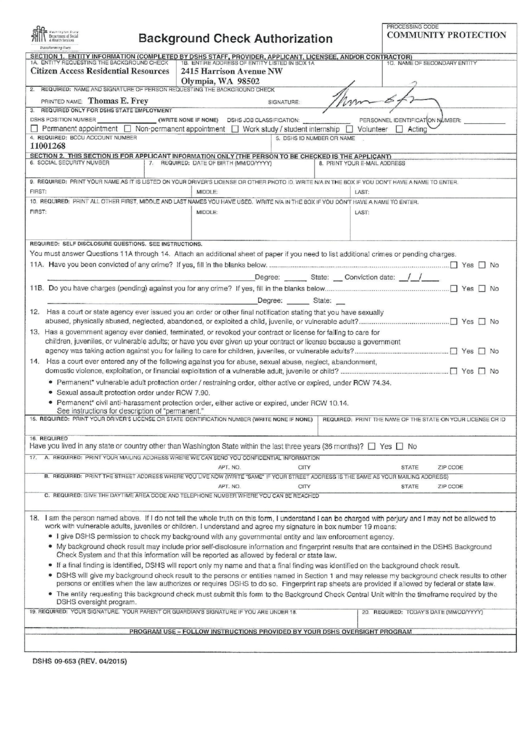 Form Dshs 09-553 - Background Check Authorization Printable pdf