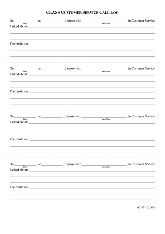 Customer Service Call Log Template Printable pdf