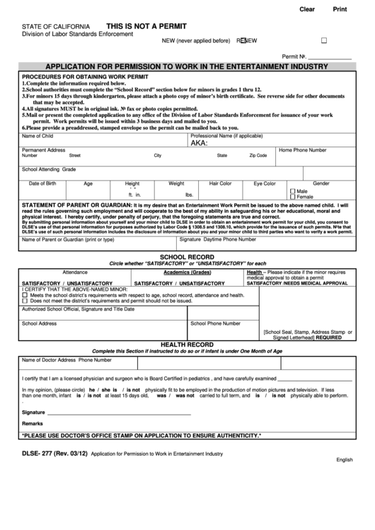 Fillable Form Dlse -277 - Application For Permission To Work In The Entertainment Industry - Printable pdf