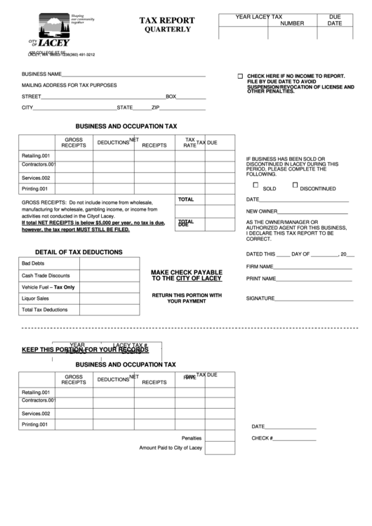 Fillable Tax Report Quarterly - City Of Lacey Printable pdf