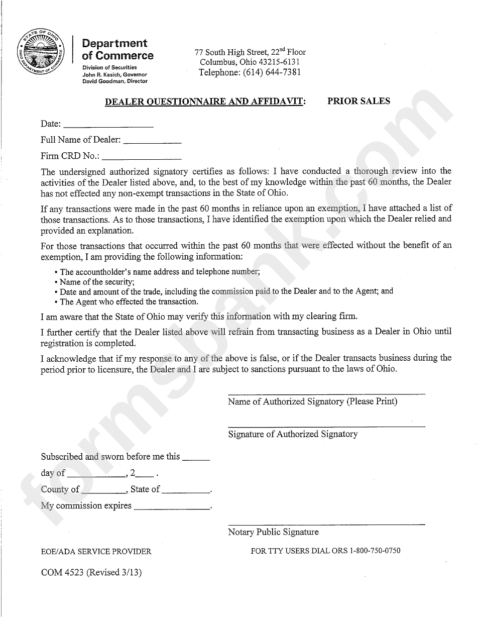 Form Com 4523 - Dealer Questionnaire And Affidavit - Ohio Dept.of Commerce
