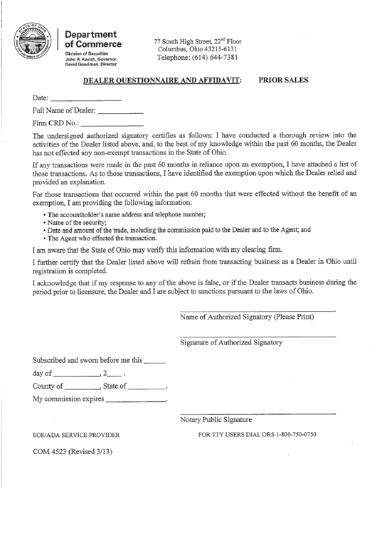 Form Com 4523 - Dealer Questionnaire And Affidavit - Ohio Dept.of Commerce Printable pdf