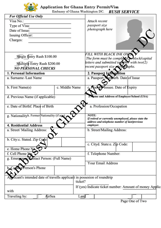 Fillable Application For Ghana Entry Permit/visa Printable pdf