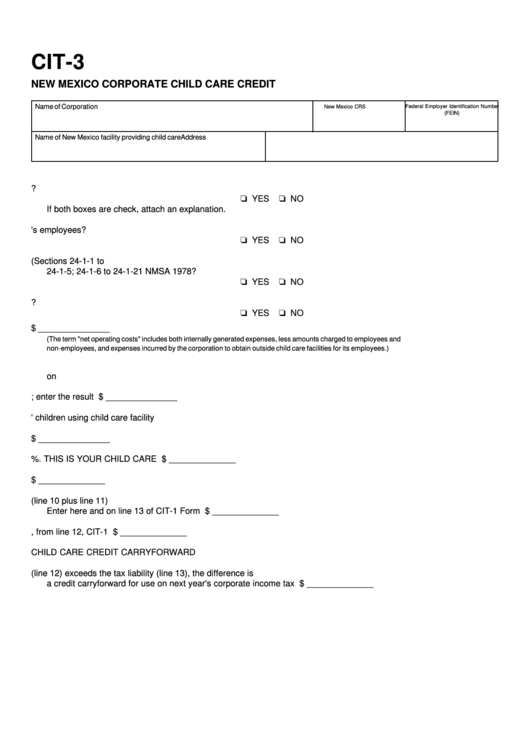 Fillable Form Cit-3 - New Mexico Corporate Child Care Credit Printable pdf