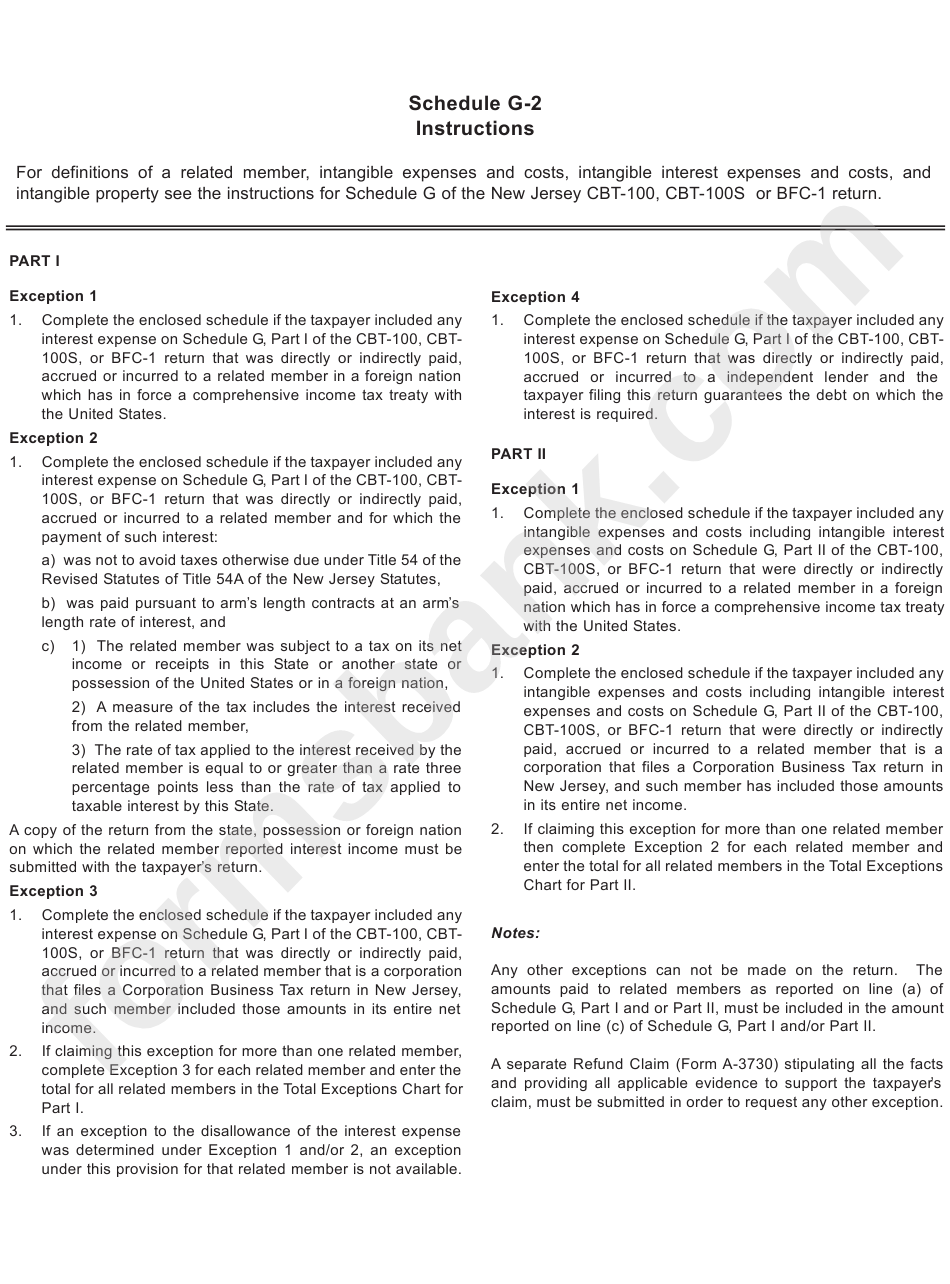 Schedule G-2 - New Jersey Corporation Business Tax - Claim For Exceptions To Disallowed Interest And Intangible Expenses And Costs