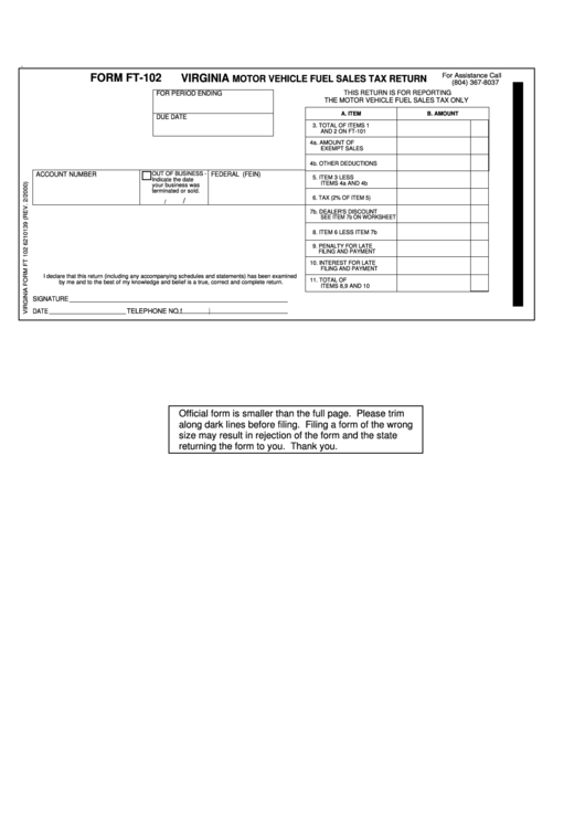 Fillable Form Ft-102 - Virginia Motor Vehicle Fuel Sales Tax Return - Virginia Department Of Taxation Printable pdf