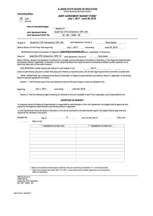 Joint Agreement Budget Form - Illinois State Board Of Education