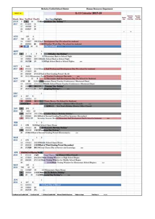 Fillable K-12 Calendar - Berkeley Unified School District Human Resources Department - 2017-2018 Printable pdf