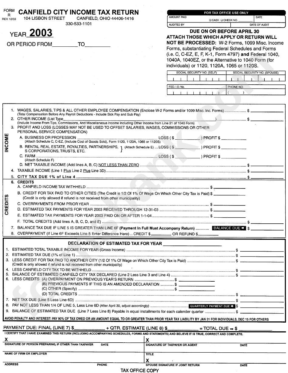 Form R - Canfield City Income Tax Return - 2003