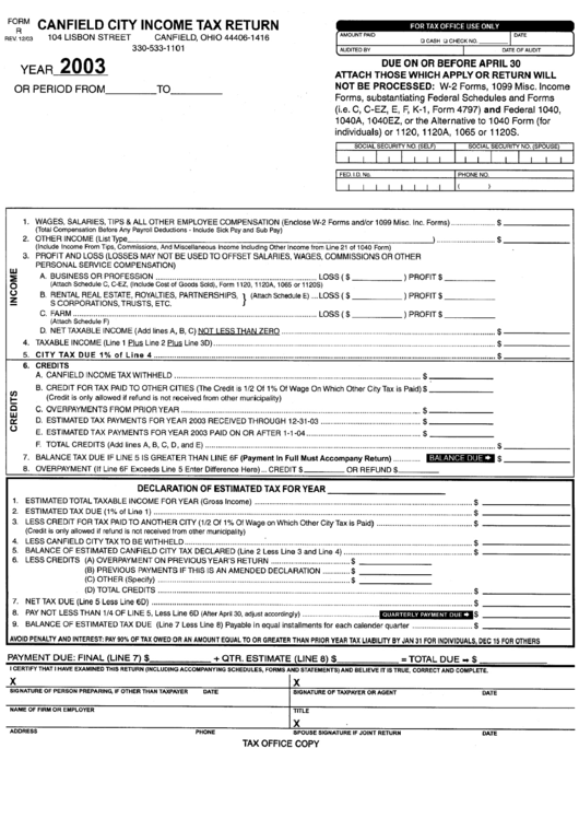Form R - Canfield City Income Tax Return - 2003 Printable pdf