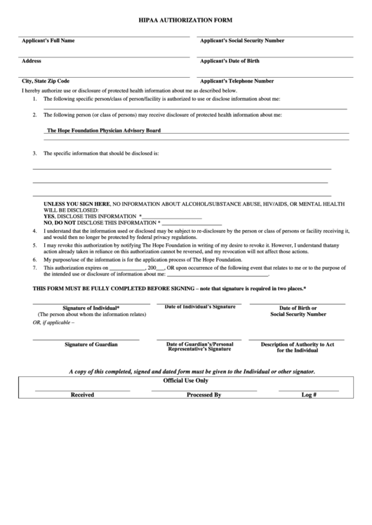 Fillable Hippa Authorization Form Printable pdf