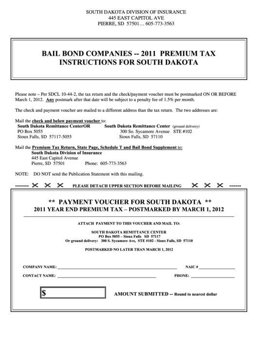 Bail Bond Companies Premium Tax - South Dakota Division Of Insurance - 2011 Printable pdf