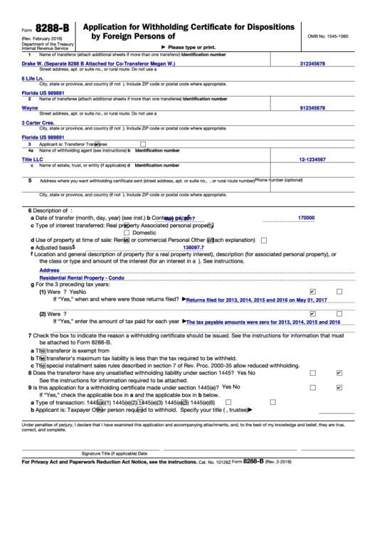 Fillable Form 8288-B - Application For Withholding Certificate For Dispositions By Foreign Persons Of U.s. Real Property Interests Printable pdf