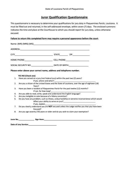 Juror Qualification Questionnaire - State Of Louisiana Parish Of Plaquemines Printable pdf