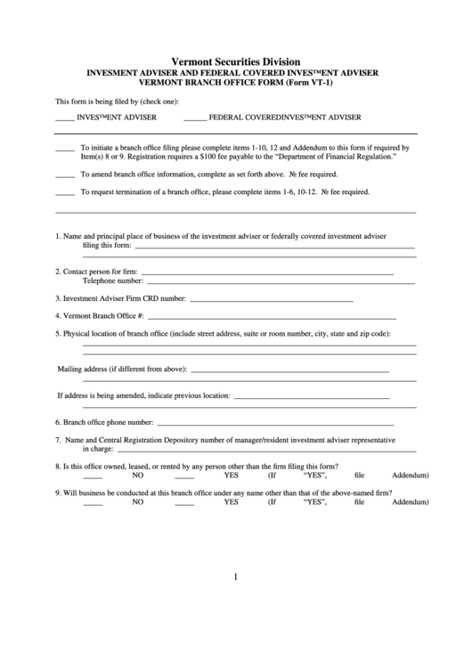Fillable Form Vt-1 - Invesment Adviser And Federal Covered Investment Adviser - 2013 Printable pdf