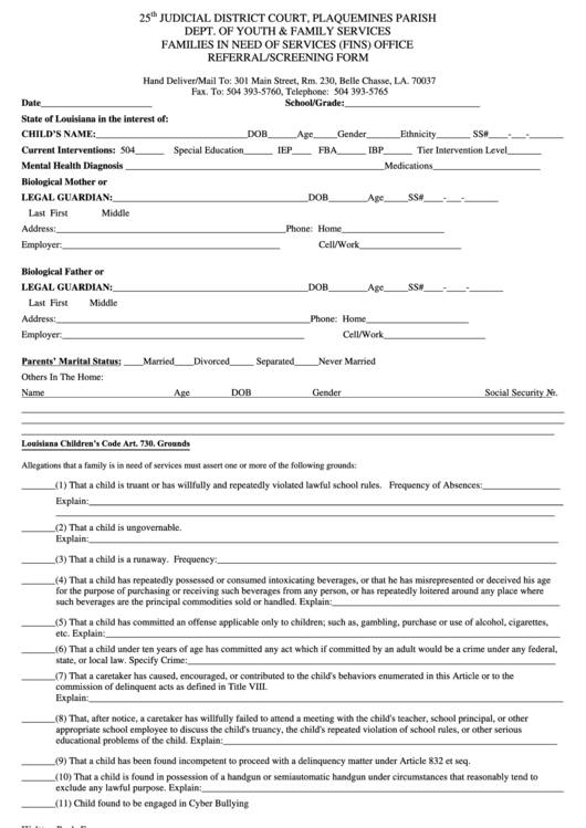 Families In Need Of Services (Fins) Office Referral/screening Form Printable pdf
