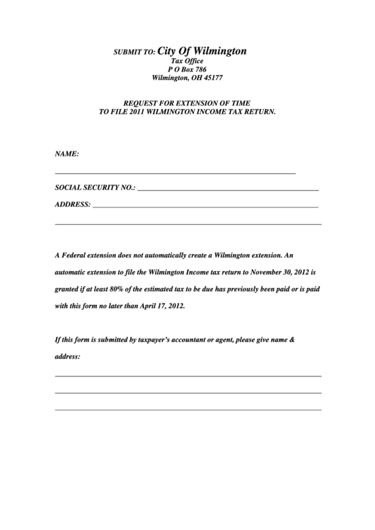 Request For Extension Of Time To File Wilmington Income Tax Return - 2011 Printable pdf