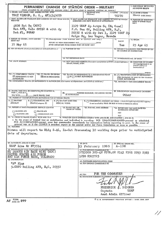 Af Form 899 - Permanent Change Of Station Order-Military Printable pdf