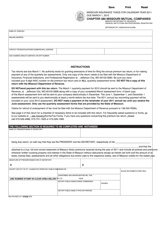 Fillable Form Mo 375-0429 - Chapter 380 Missouri Mutual Companies - 2011 Printable pdf