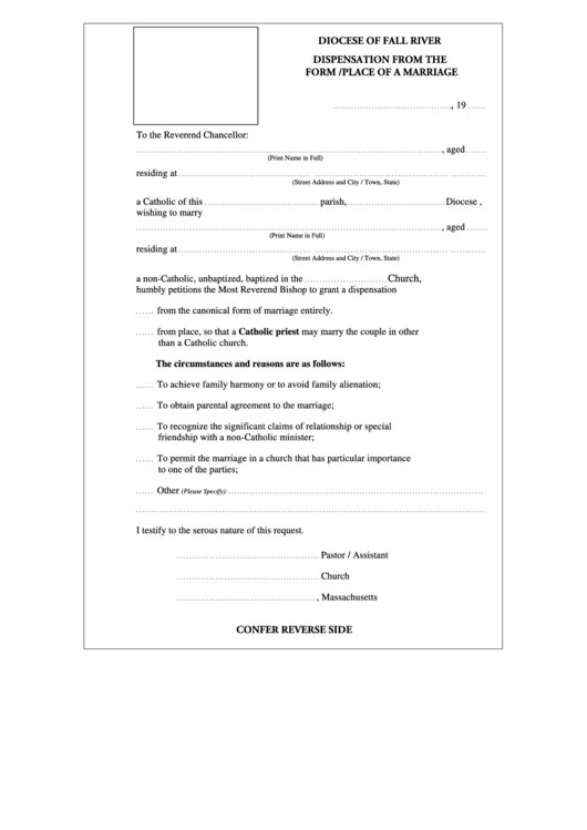 Fillable Dispensation From The Form /place Of A Marriage Printable pdf