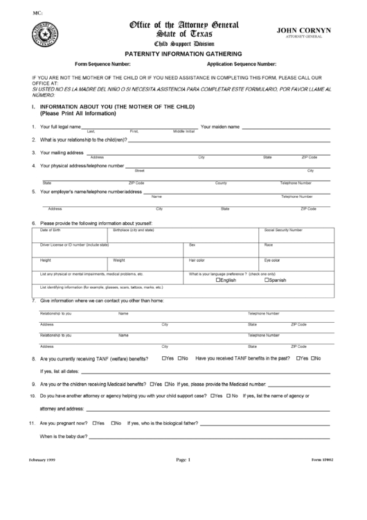 Form 1f002 - Paternity Information Gathering - Texas Office Of The Attorney General Printable pdf
