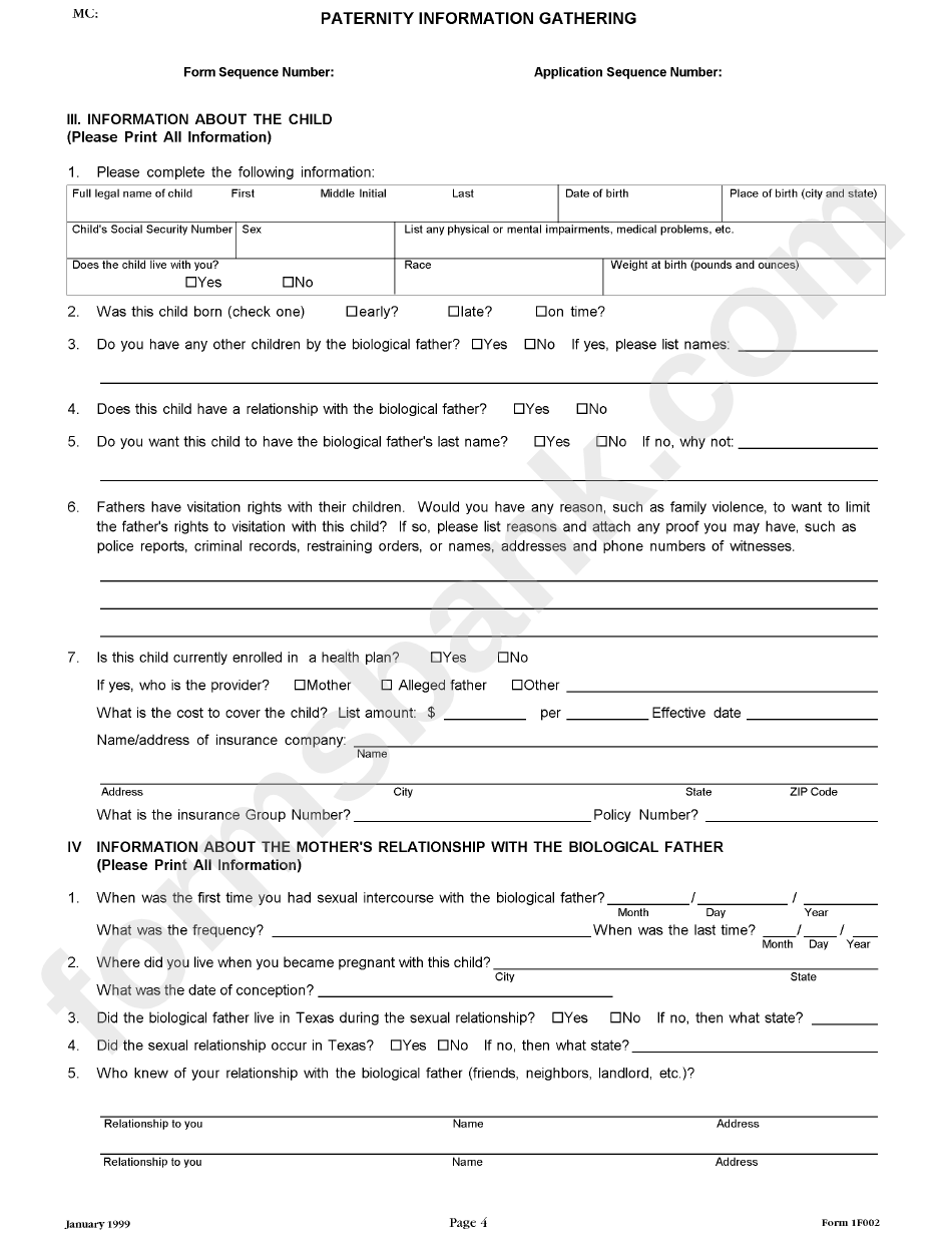 Form 1f002 - Paternity Information Gathering - Texas Office Of The Attorney General