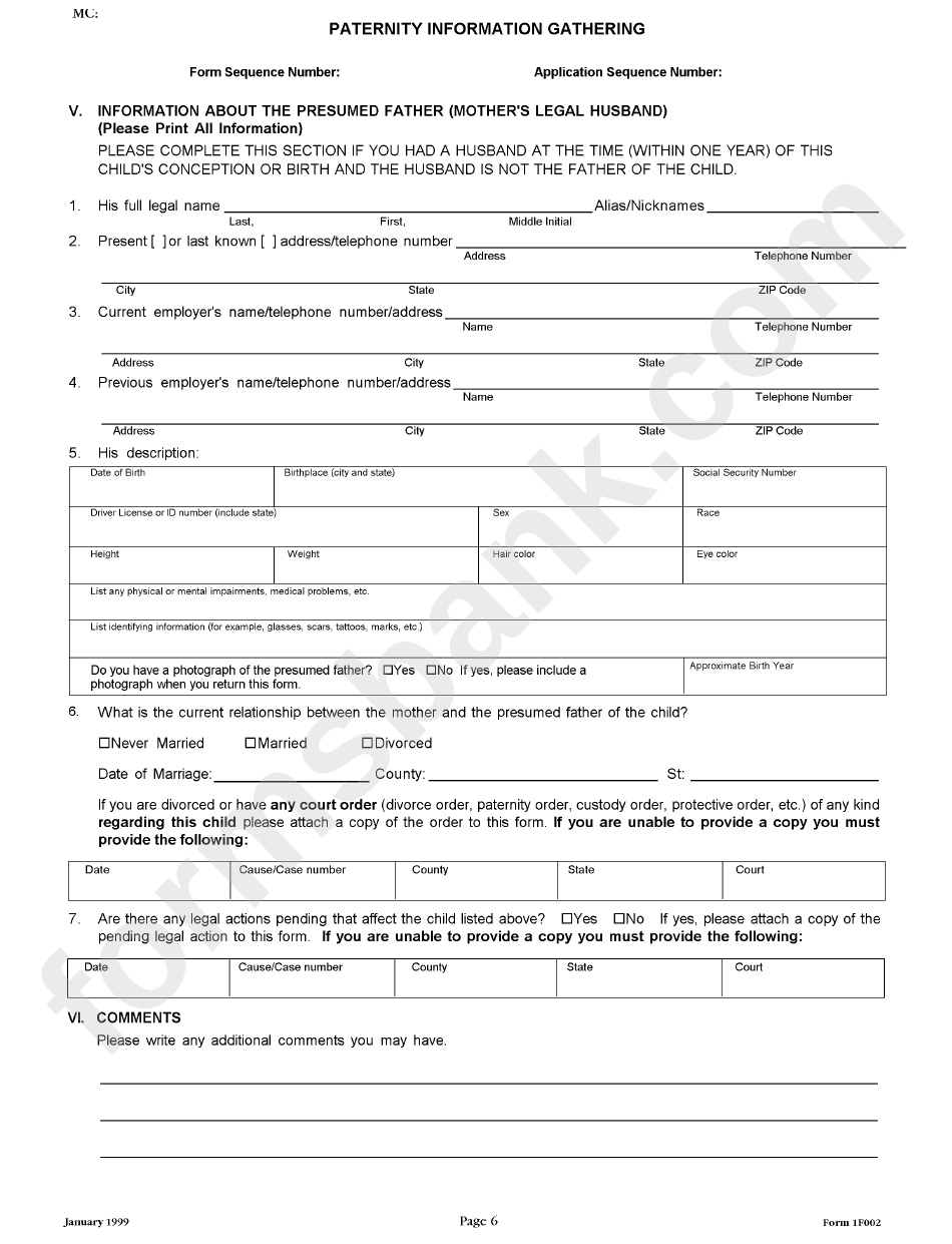 Form 1f002 - Paternity Information Gathering - Texas Office Of The Attorney General