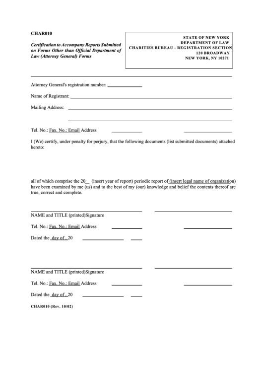 Form Char010 - Certification To Accompany Reports Submitted On Forms Other Than Official Department Of Law (Attorney General) Forms Printable pdf