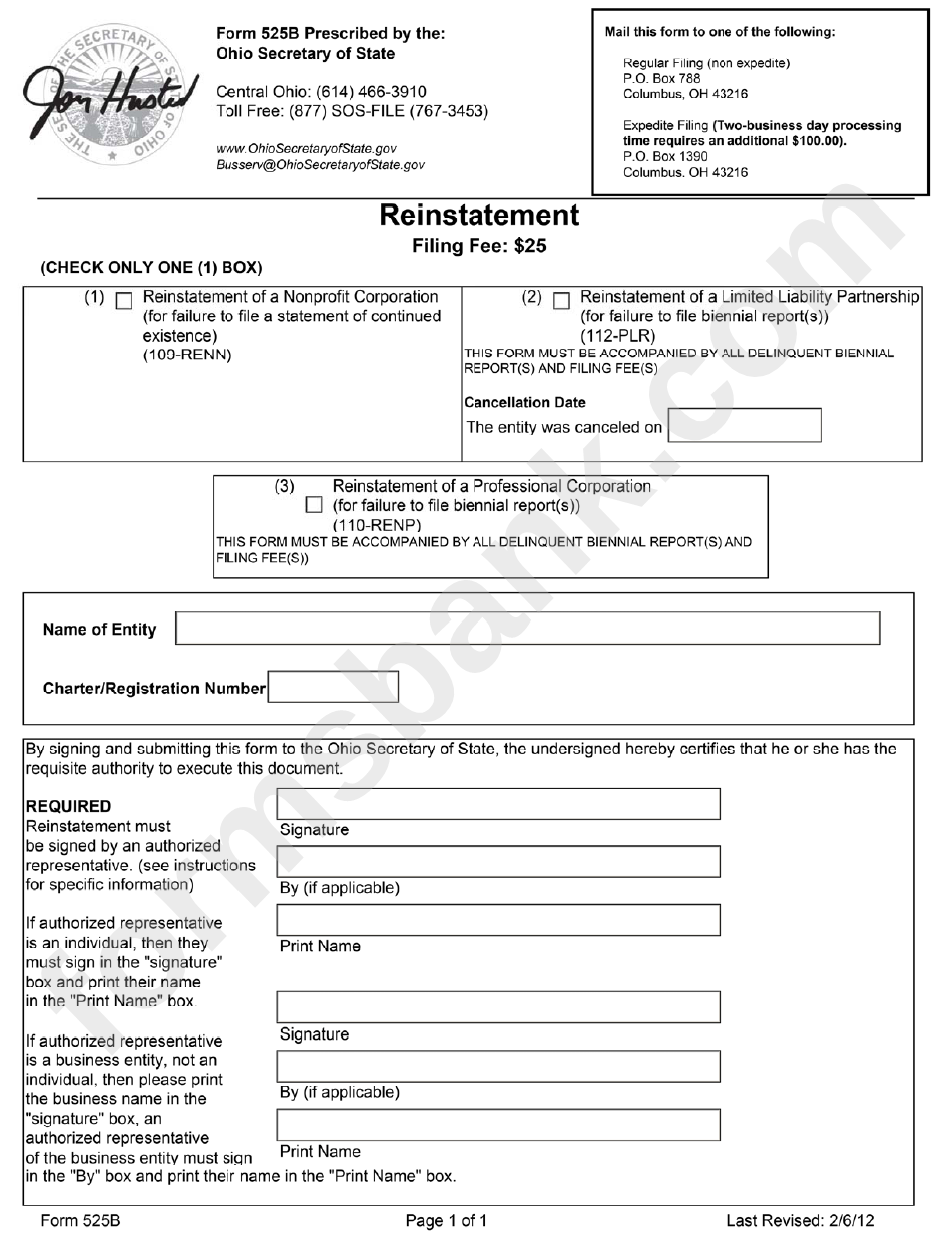 Form 525b - Reinstatement - Ohio Secretary Of State