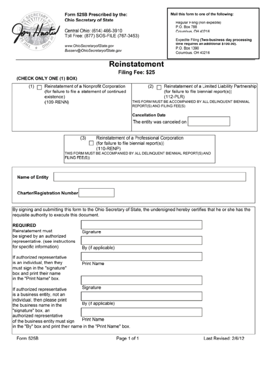 Form 525b - Reinstatement - Ohio Secretary Of State Printable pdf