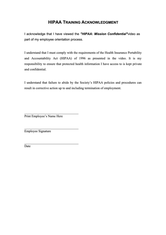 Hipaa Training Acknowledgment Form Printable pdf