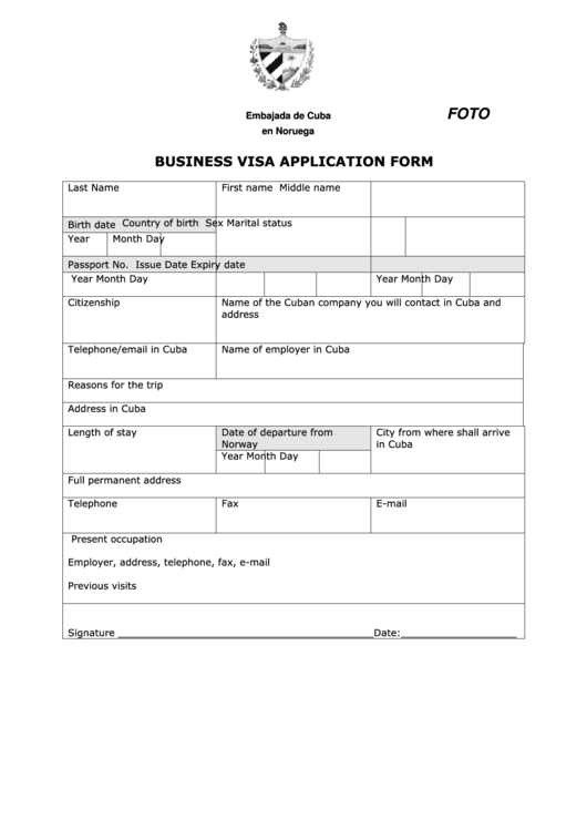 Business Visa Application Form Printable pdf