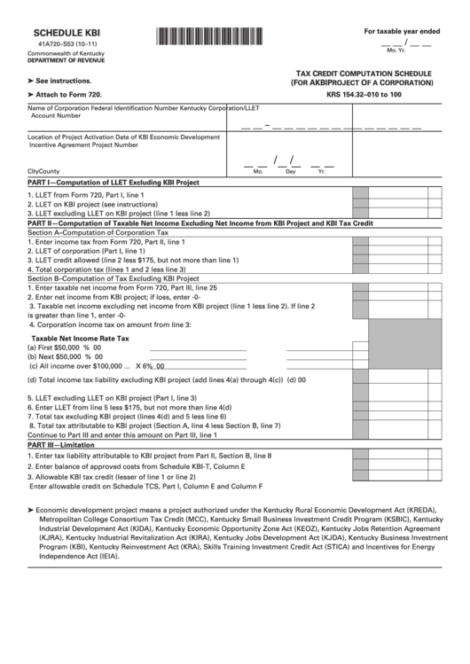 Form 41a720-S53 - Attach To Form 720 - Schedule Kbi - Tax Credit Computation Schedule (For A Kbi Project Of A Corporation) Printable pdf