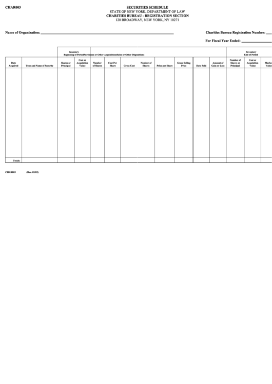 Form Char003 - Securities Schedule - State Of New York, Department Of Law Printable pdf