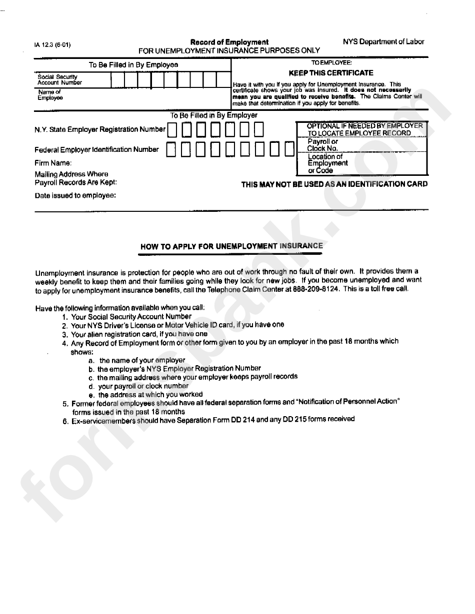Form Ia 12.3 - Record Of Employment (For Unemployment Insurance Purposes) - Nys Dept.of Labor