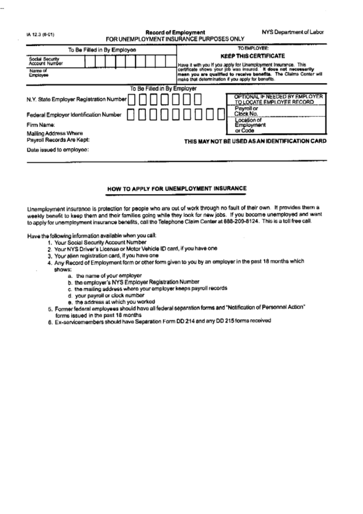 Form Ia 12.3 - Record Of Employment (For Unemployment Insurance Purposes) - Nys Dept.of Labor Printable pdf